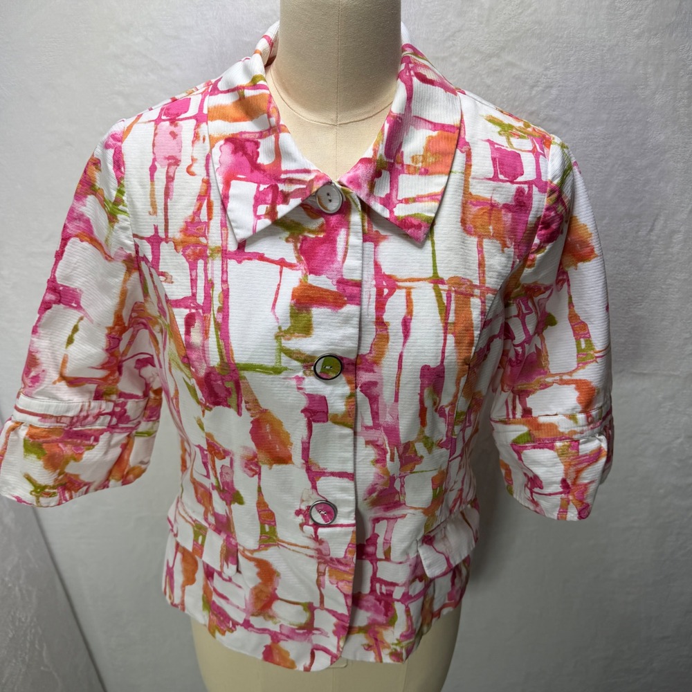 Chicos Sz 8 Womens 3/4 Sleeve Pink Orange Abstract Ribbed Button Front Jacket